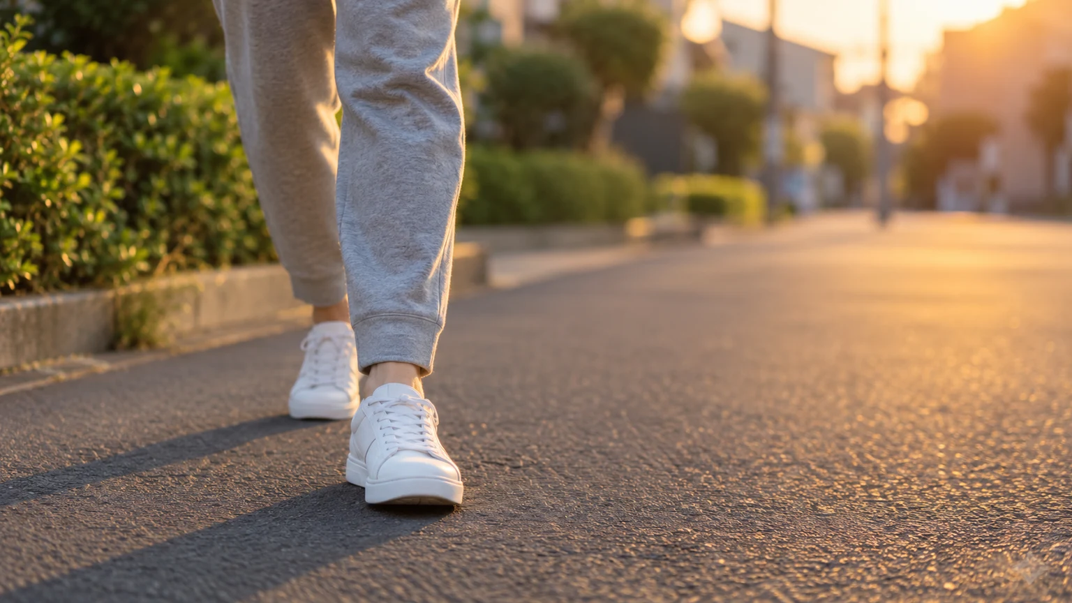 夕方の住宅街の歩道を、スニーカーで歩いている足元