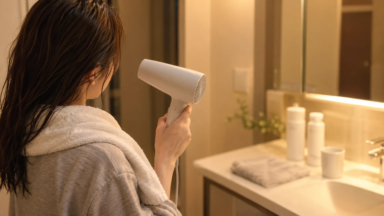 夜の洗面所で、洗顔後に何もつけないまま首にタオルをかけ、髪を乾かしながら時間を待っている女性の後ろ姿