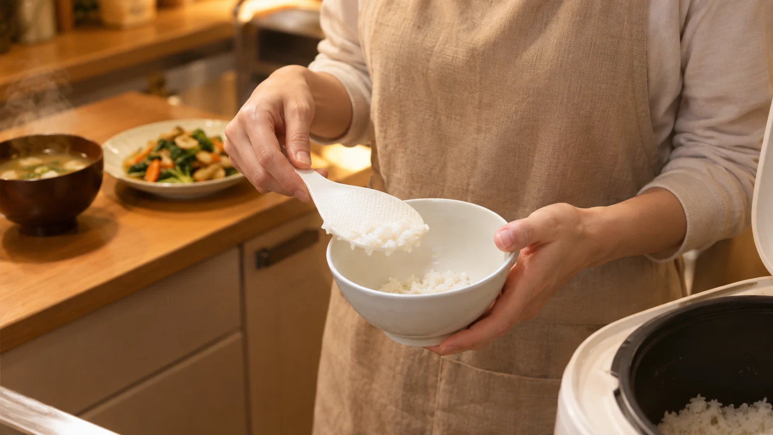 夕食の茶わんにご飯をよそう途中で、しゃもじを持った手が止まっている手もと
