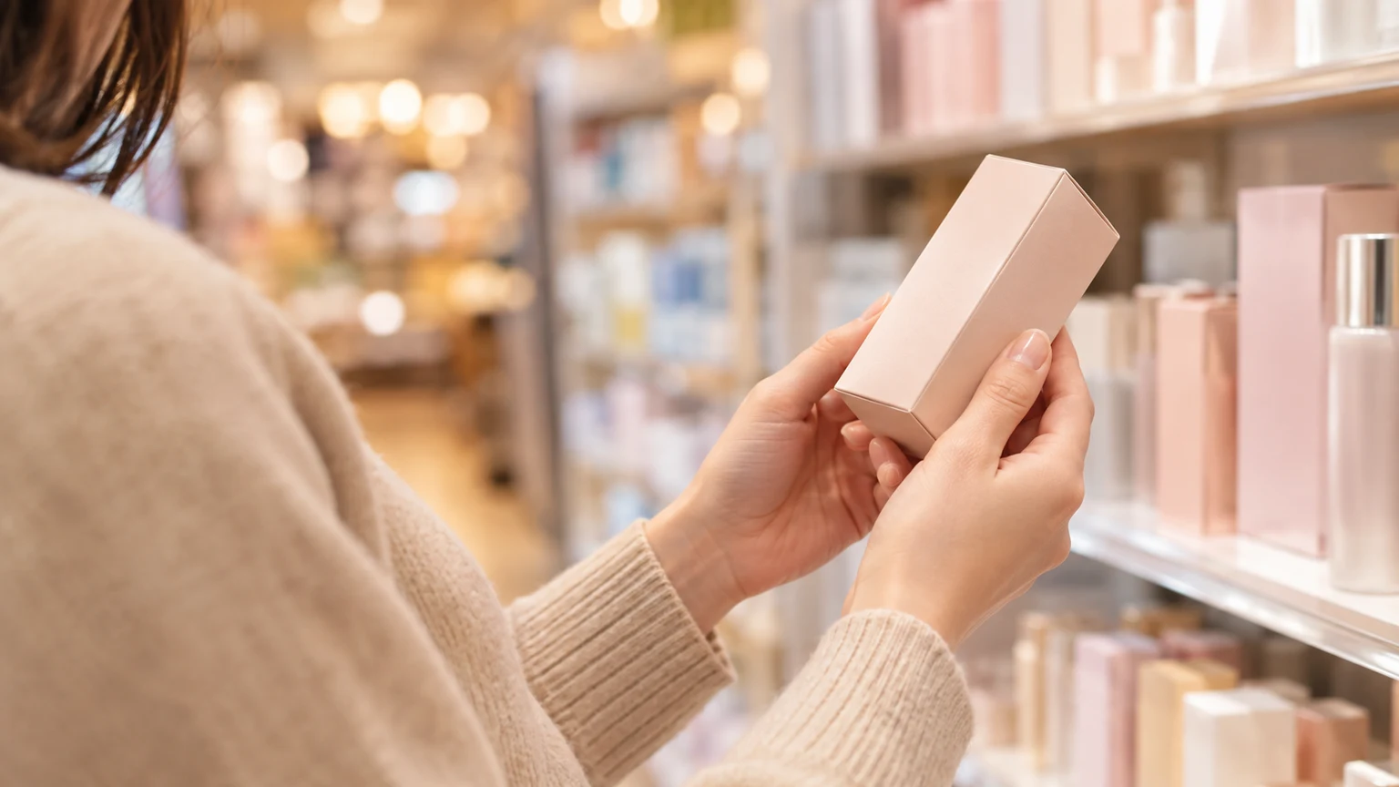 売り場の棚の前で、無地の箱を胸の高さに持ち上げて表側を確かめている手元