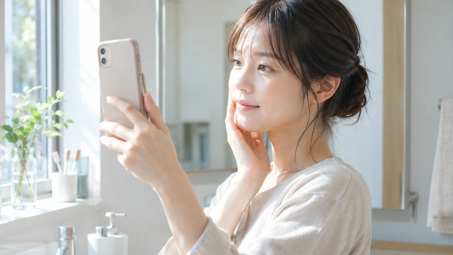 朝の洗面所で、スマホを構えて自分の頬を撮ろうとしているところ