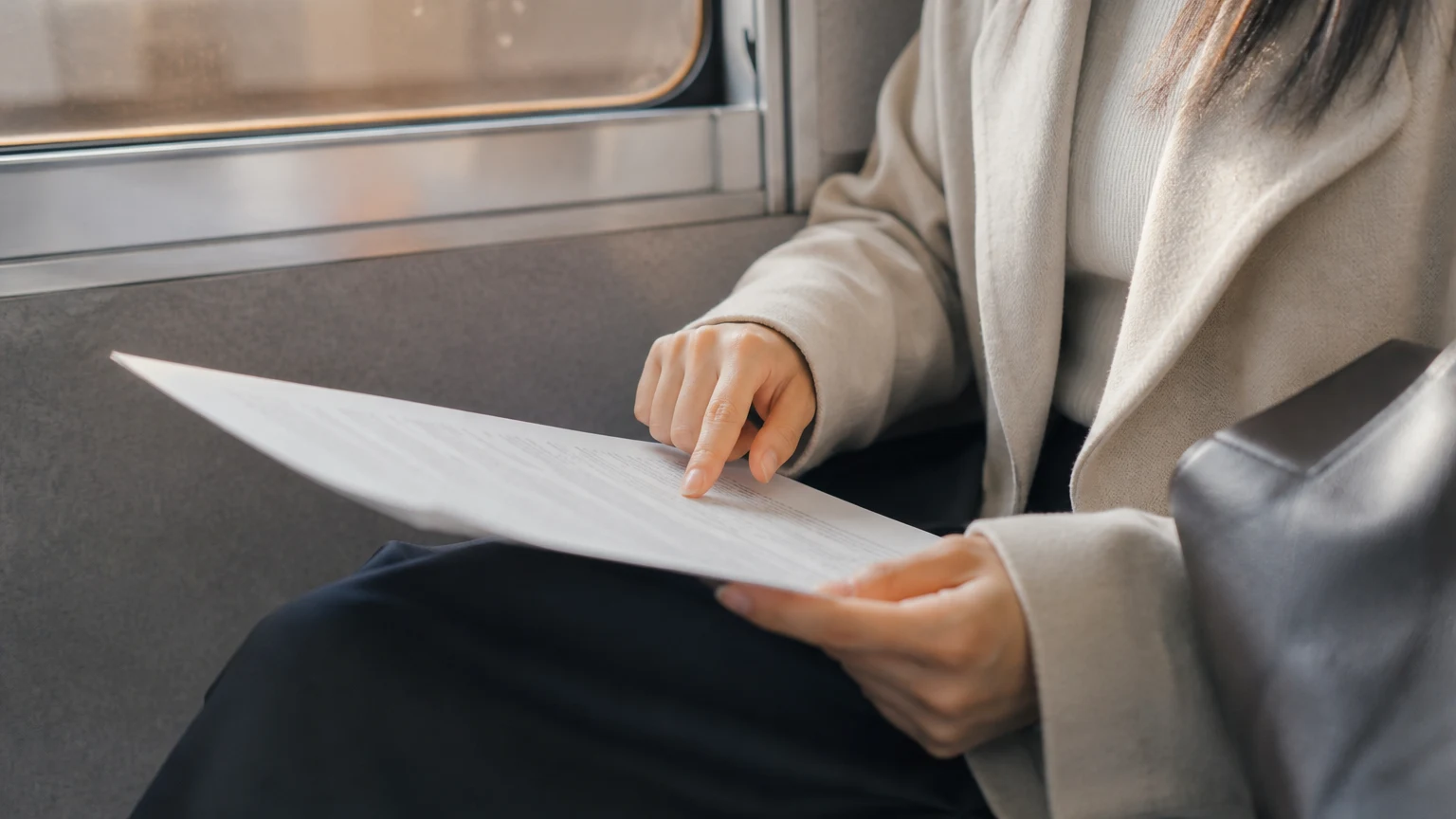 帰りの電車で、膝の上の書面を指でなぞっている手元