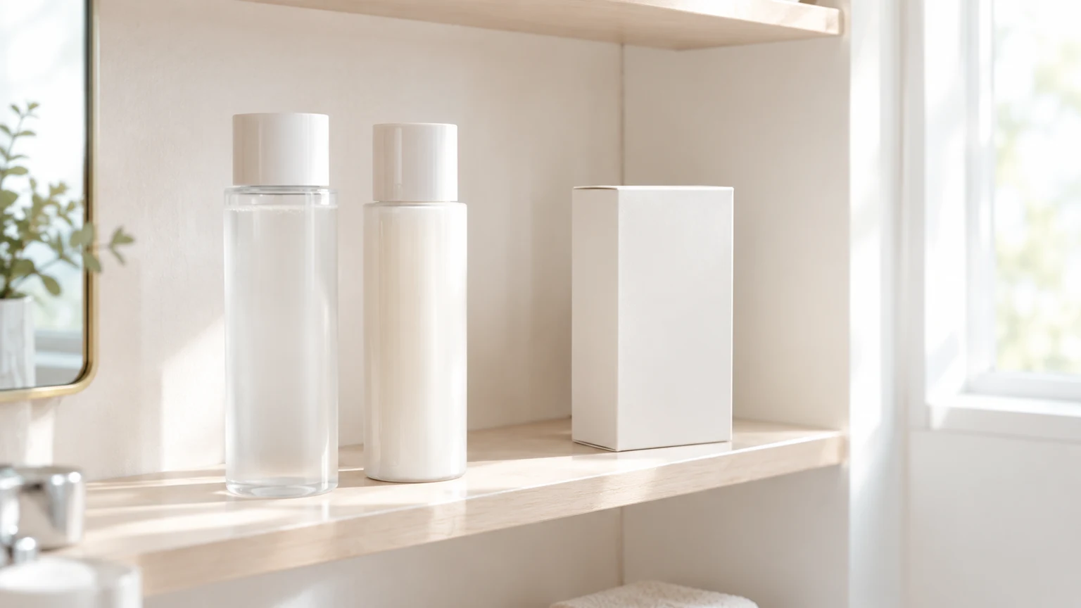 洗面台の棚に化粧水と乳液が並び、横に新しい化粧品の箱が開けないまま置かれている様子