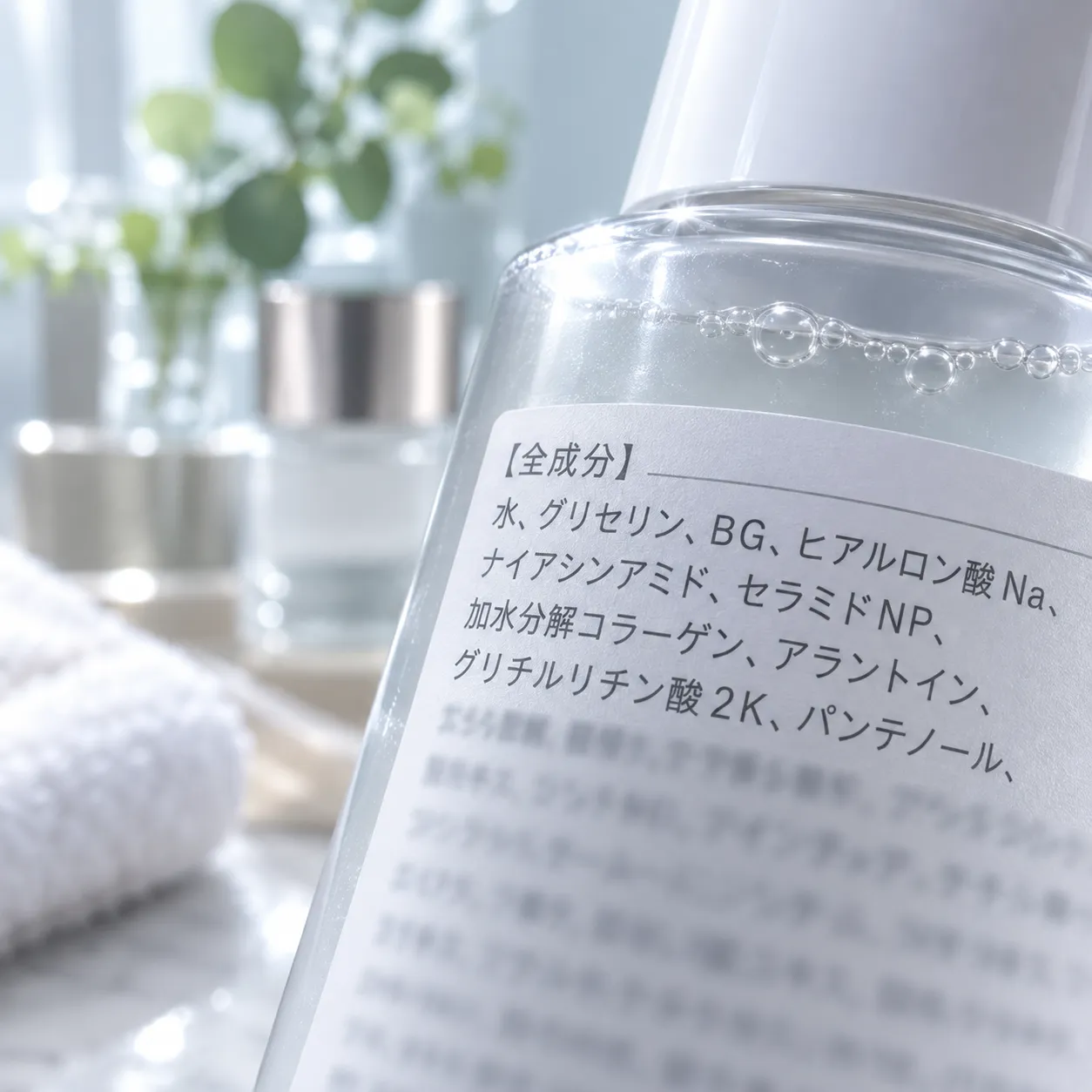 化粧水の全成分表示をクローズアップで確認する様子