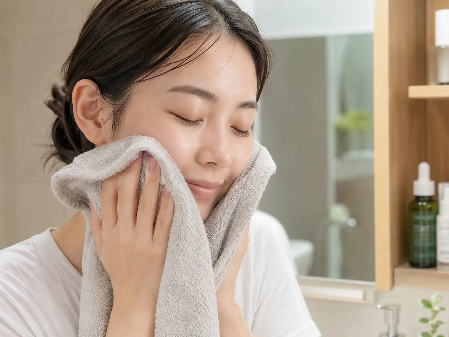 タオルで頬を優しく押さえてケアする様子