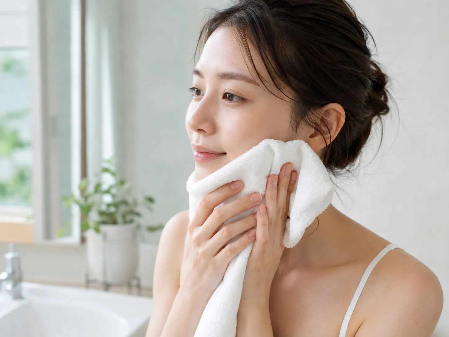タオルで優しく頬の水分を押さえる様子