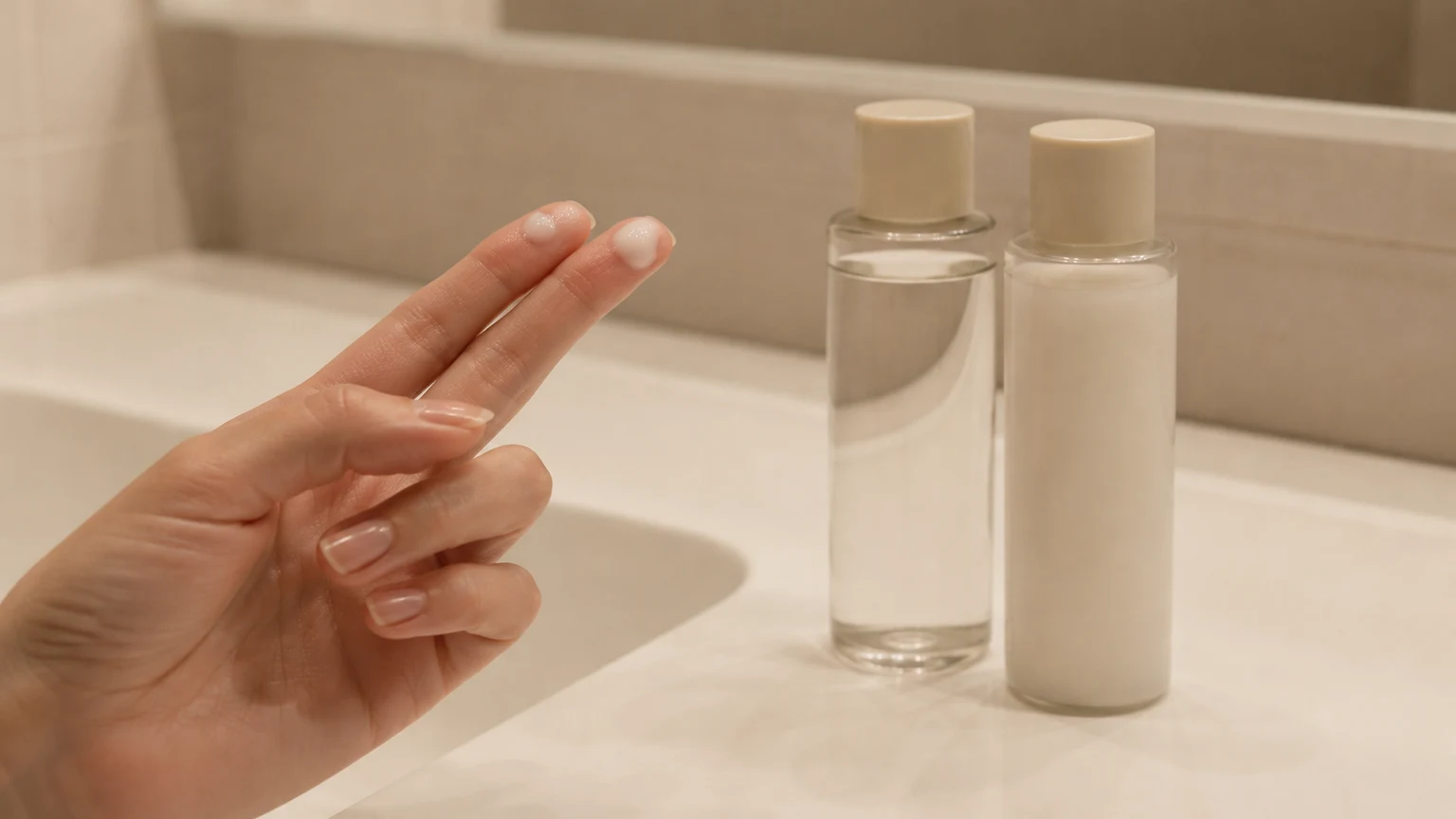 指2本の腹に白い乳液を少量のせた手元、奥に化粧水と乳液のボトル2本