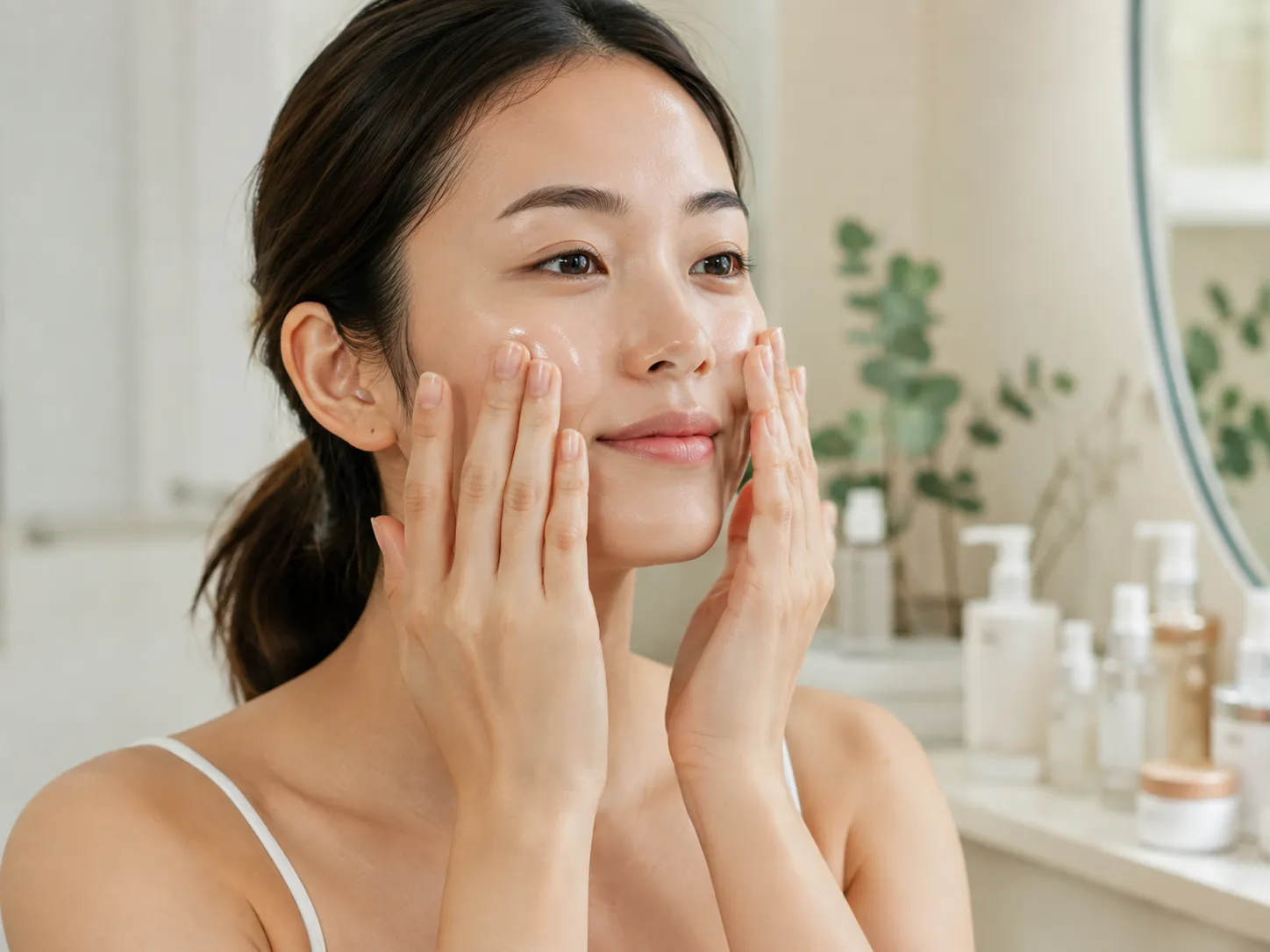 両頬に保湿クリームを優しくなじませる様子