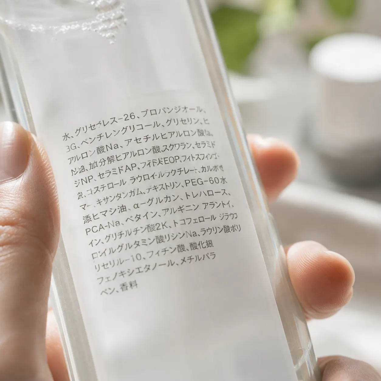 透明な化粧水のボトルを手に持ち、裏の全成分表示を見ているアップ。水から始まる成分の名前が並び、途中にグリセリンの名前もある