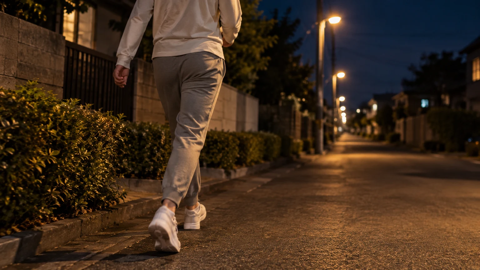 夜、街灯のともる住宅街の歩道を、腕を軽く振って早歩きする人の後ろ姿