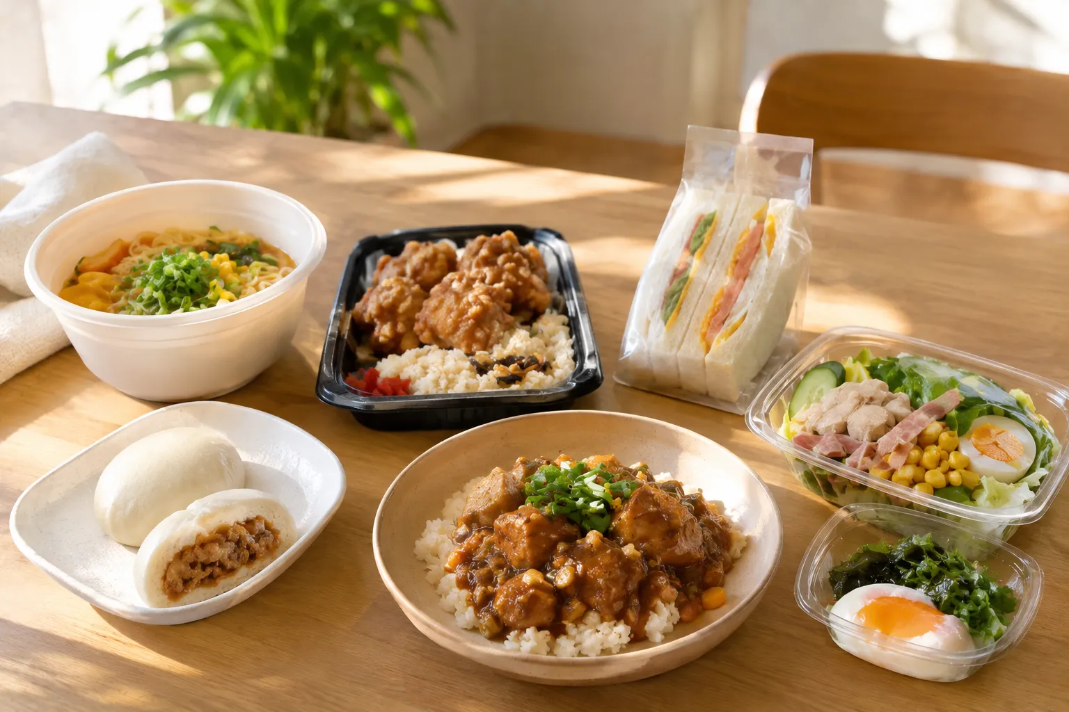 コンビニで購入した高タンパク食品6種類を並べて食べ比べる様子