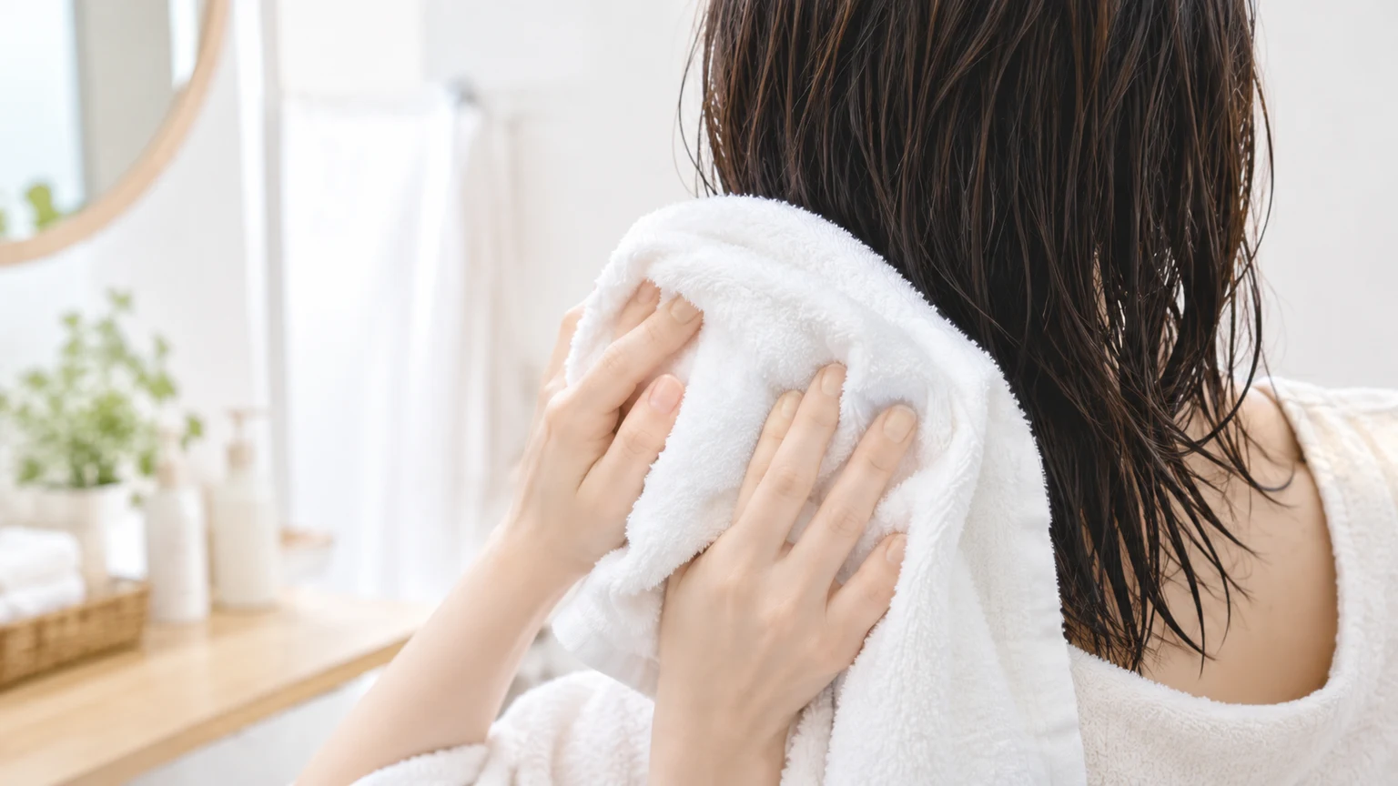 お風呂上がりに、濡れた髪をタオルで挟んで上から押さえている手元