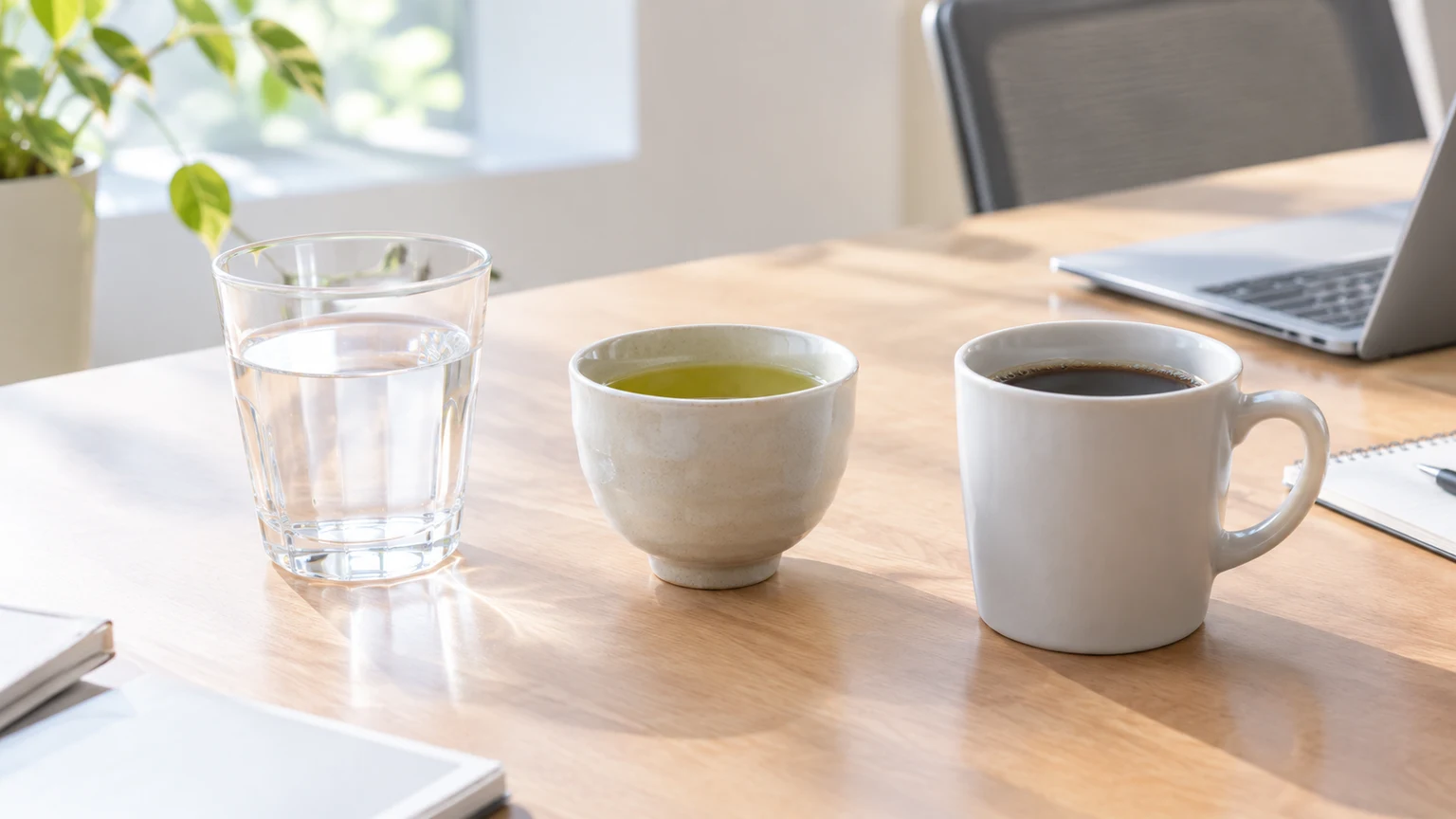 デスクに水・お茶・ブラックコーヒーの3つが並んでいるところ