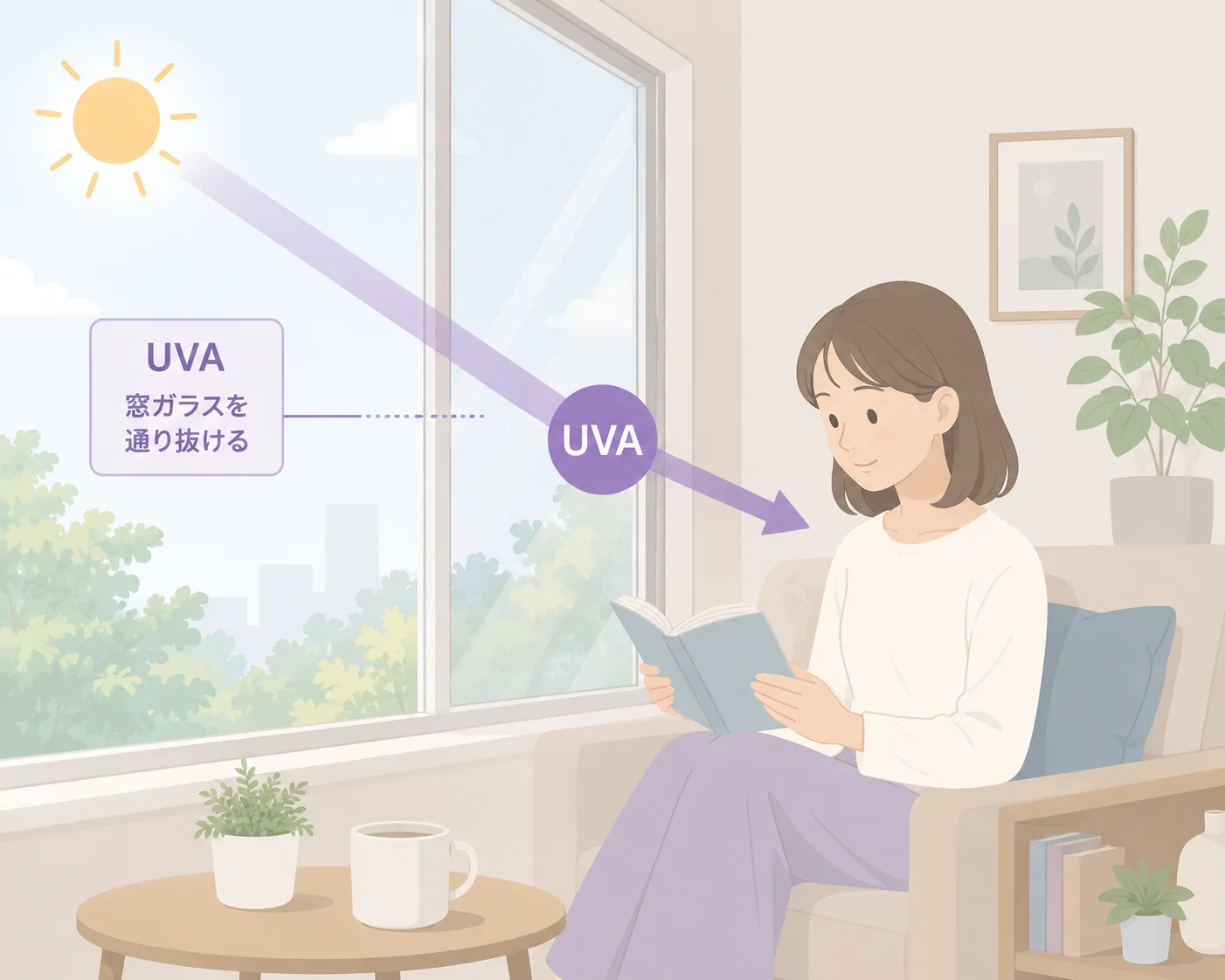 UVAが窓ガラスを通り抜けて室内にいる人にも届く様子のイラスト