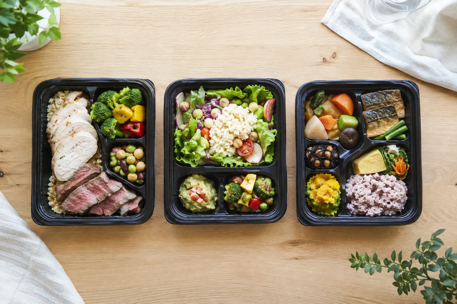 高タンパク系・低糖質系・栄養バランス系の3種類の宅配ダイエット弁当を、木目調のダイニングテーブルに並べて見比べている俯瞰写真