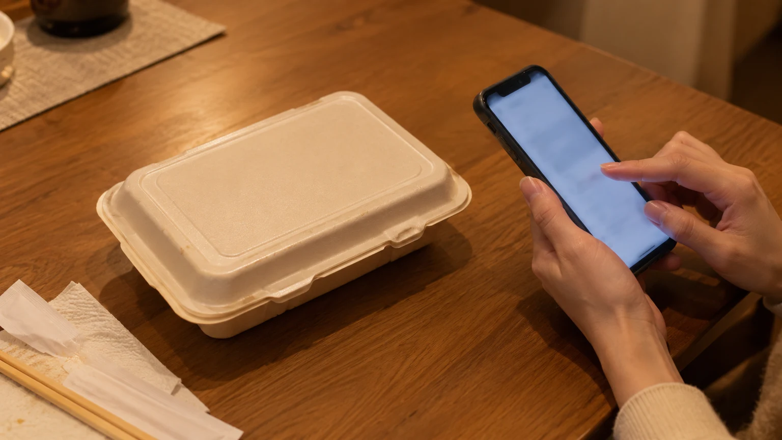 食べ終えた宅配弁当の容器の横で、スマホのメモに○を付けている手元