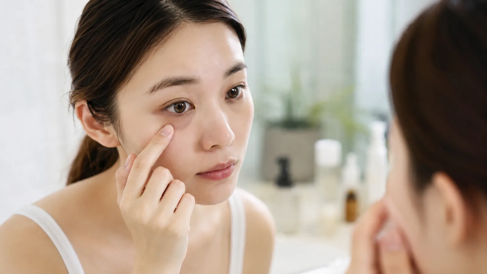 鏡の前で目の下の皮膚を指で軽く引き下げ、色味をセルフチェックする女性