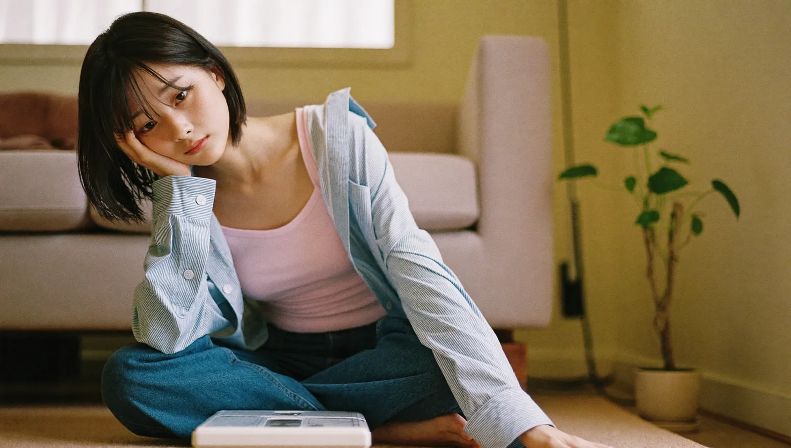 床に座り疲れた表情で頬杖をつく女性、寝不足によるだるさのイメージ
