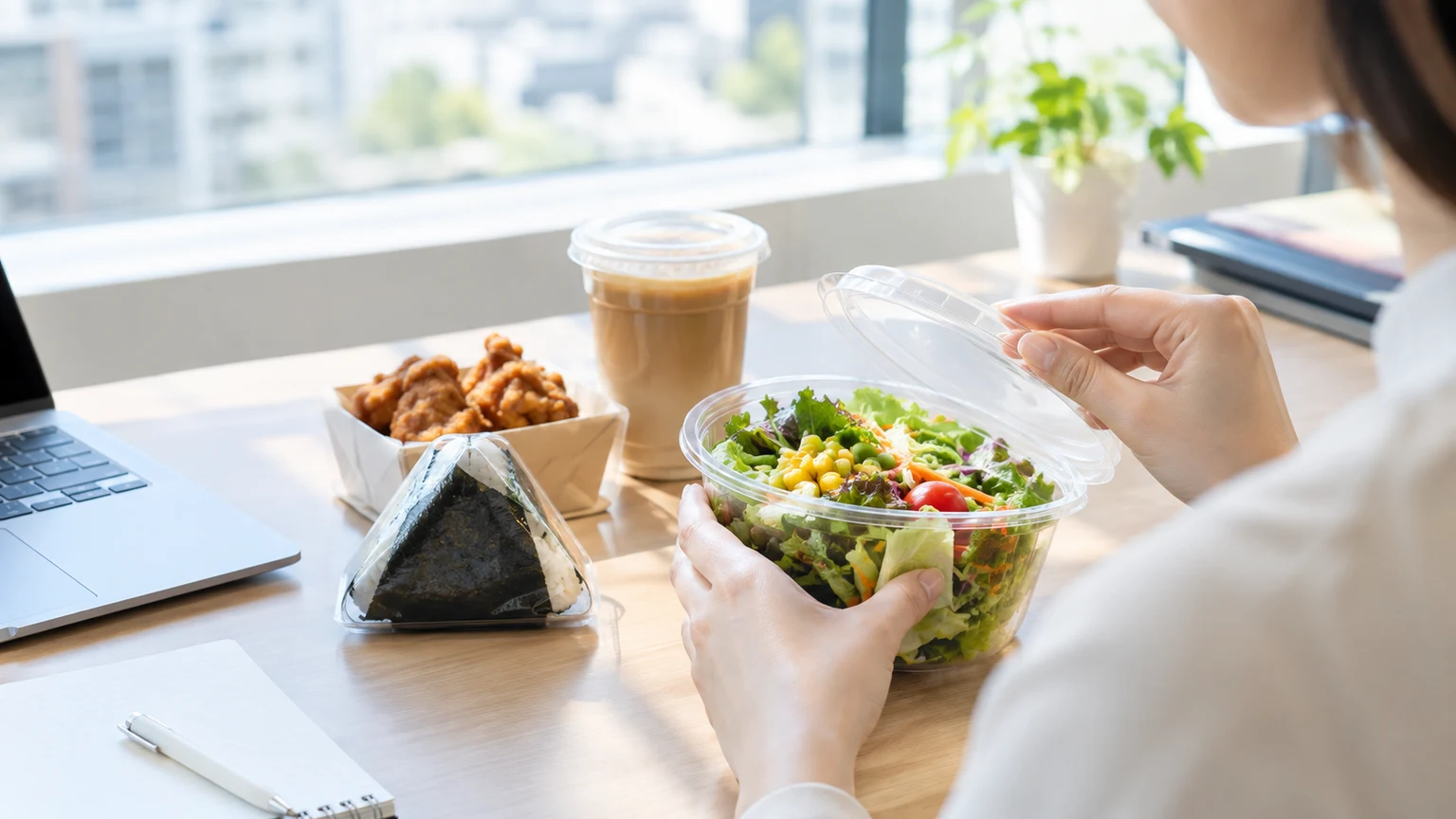 会社のデスクに並んだサラダ・から揚げ・おにぎり・ふた付きのカフェラテと、サラダのふたを開けている手元