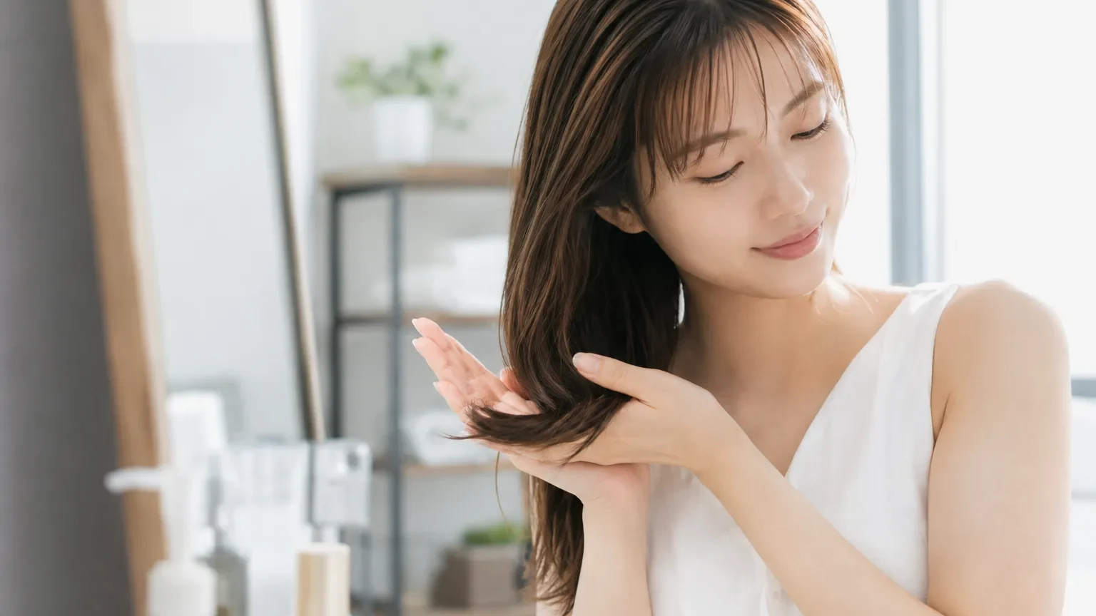 鏡の前で、肩より長い髪の毛先を手のひらにのせてなじませている女性