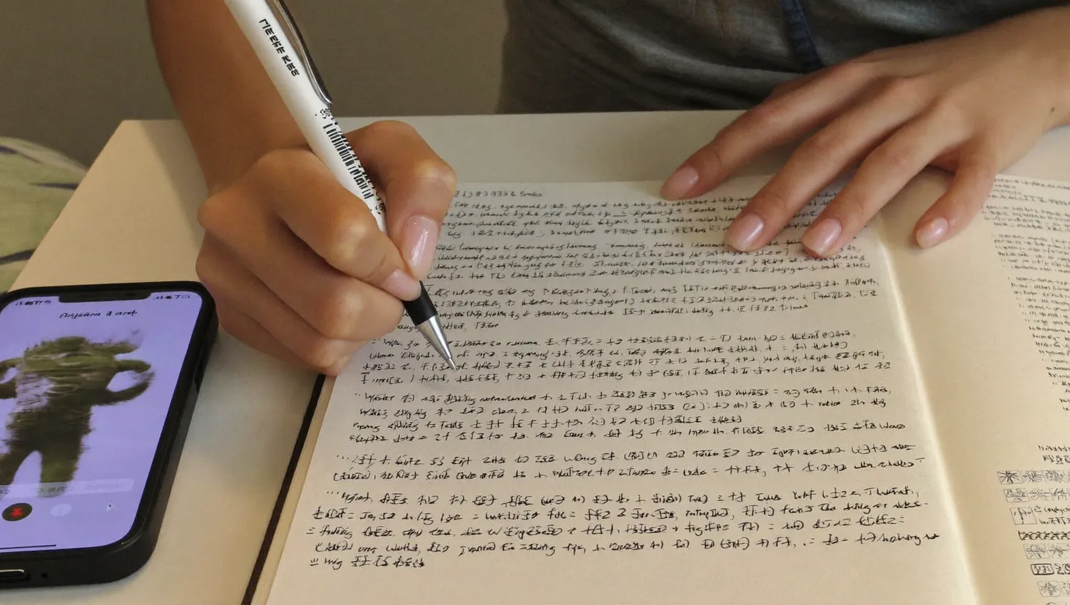 受診前に症状の経過をノートにペンで書き留める女性の手元
