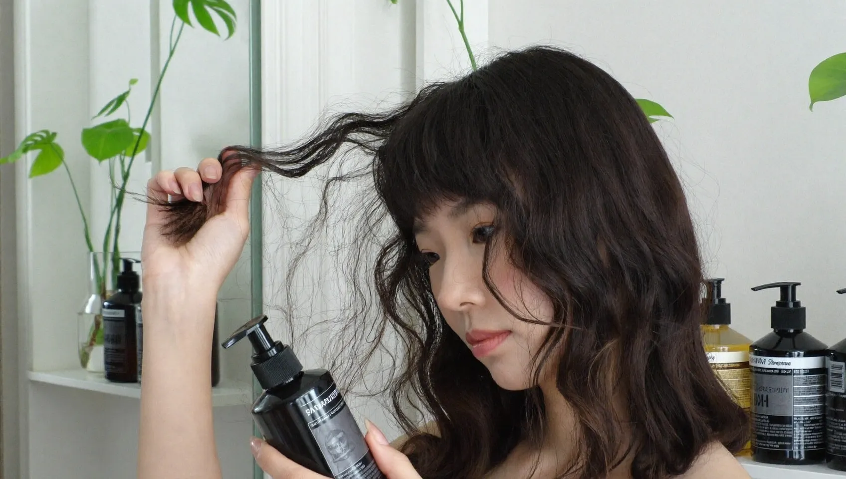 手に取った毛束のうねりを鏡の前でじっくり確認する女性、背景にヘアケア用品