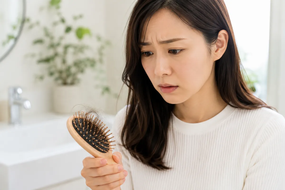 ヘアブラシに絡まった抜け毛の量を見つめて心配そうな表情を浮かべる女性