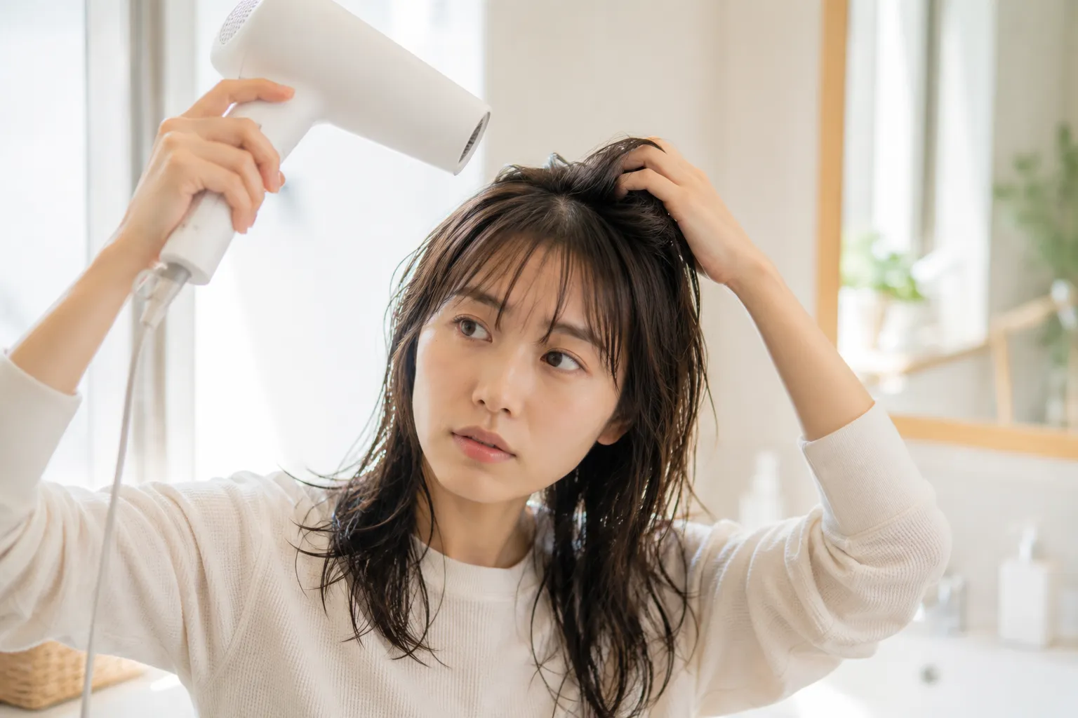 ドライヤーで髪を乾かしながら根元の頭皮に手を添える女性