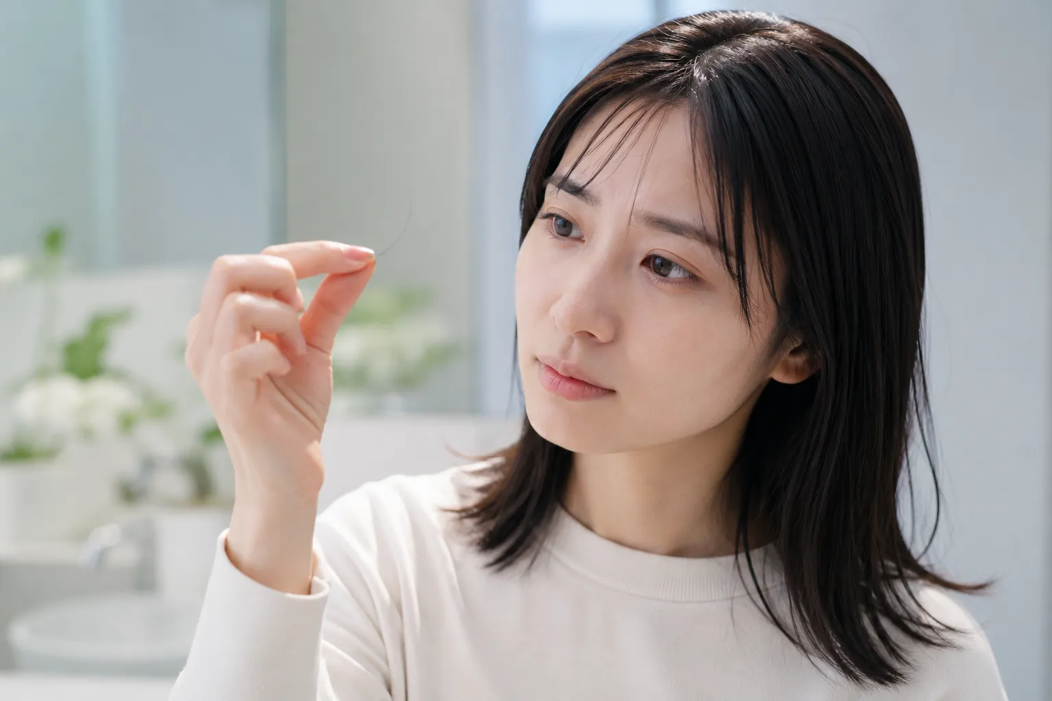 抜けた髪の毛を指でつまみ、太さや長さをじっくり確認する女性