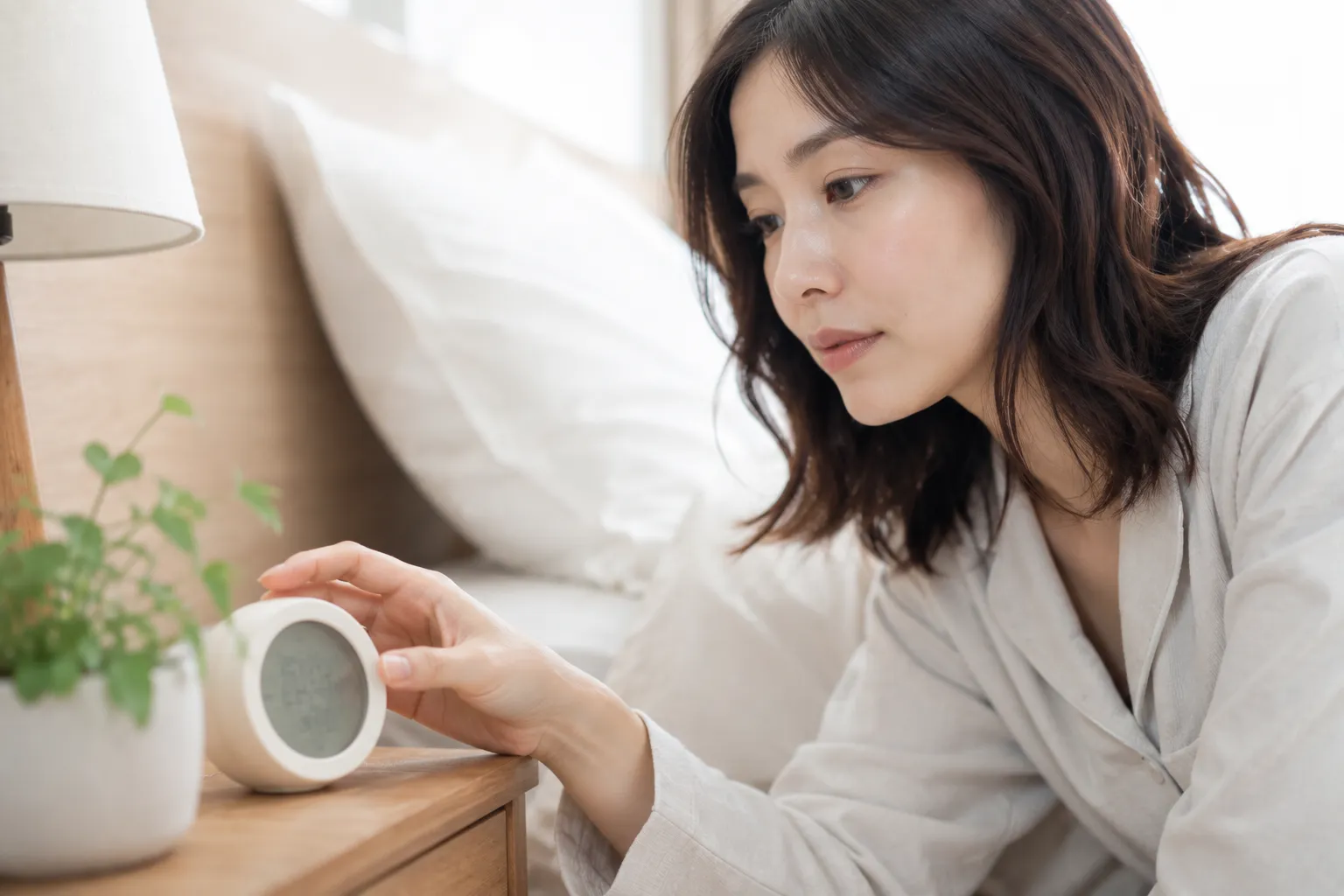 寝室のナイトテーブルに置いた温湿度計を確認する女性の手元
