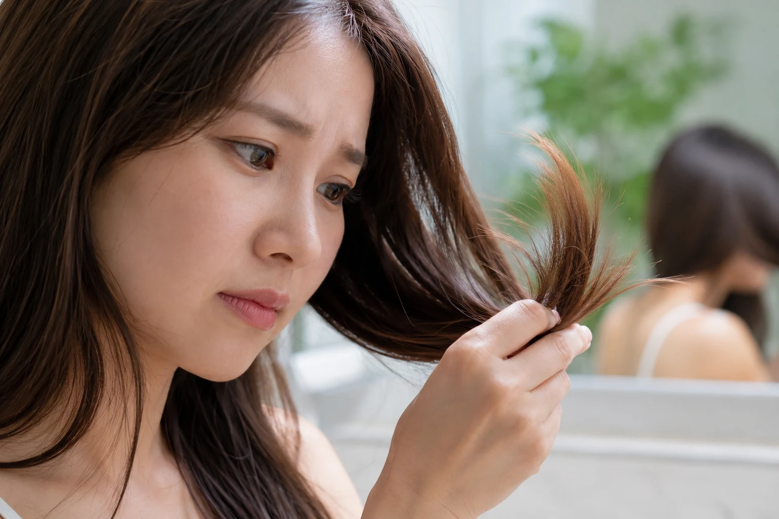 傷んで広がった毛先を指でつまみ、心配そうな表情で見つめる女性