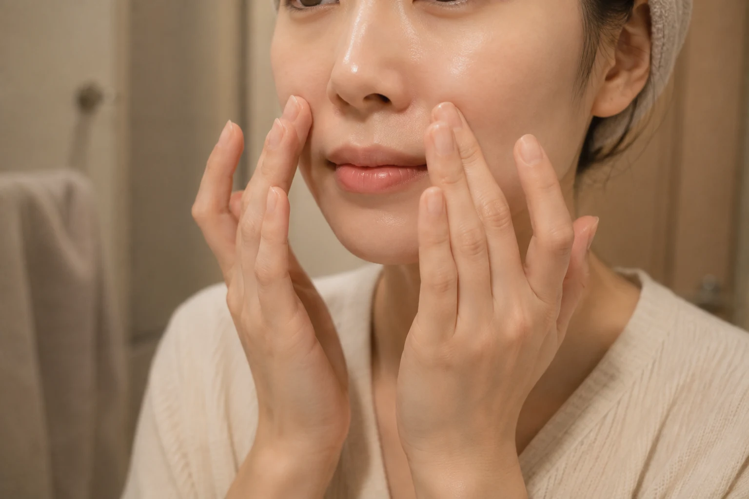 小鼻の横から口角にかけて指の腹でなじませている口元
