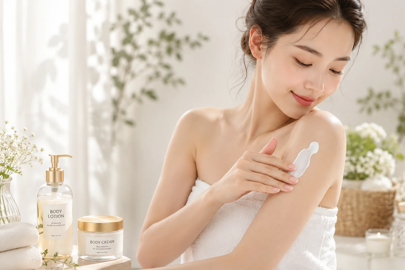 入浴後に腕へ保湿クリームをのばしている女性