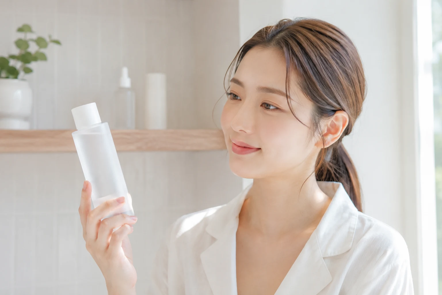 化粧水のボトルを手に取り、成分表示を確かめる女性