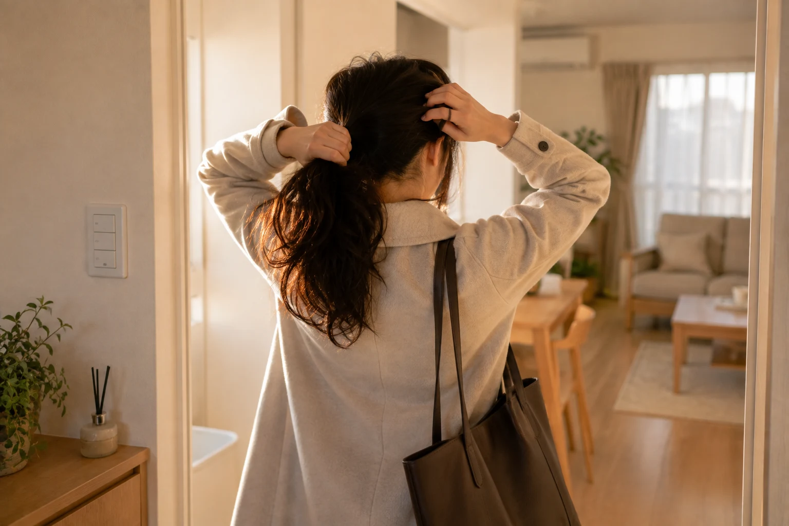 帰宅してまとめていた髪をほどこうとしている女性の後ろ姿