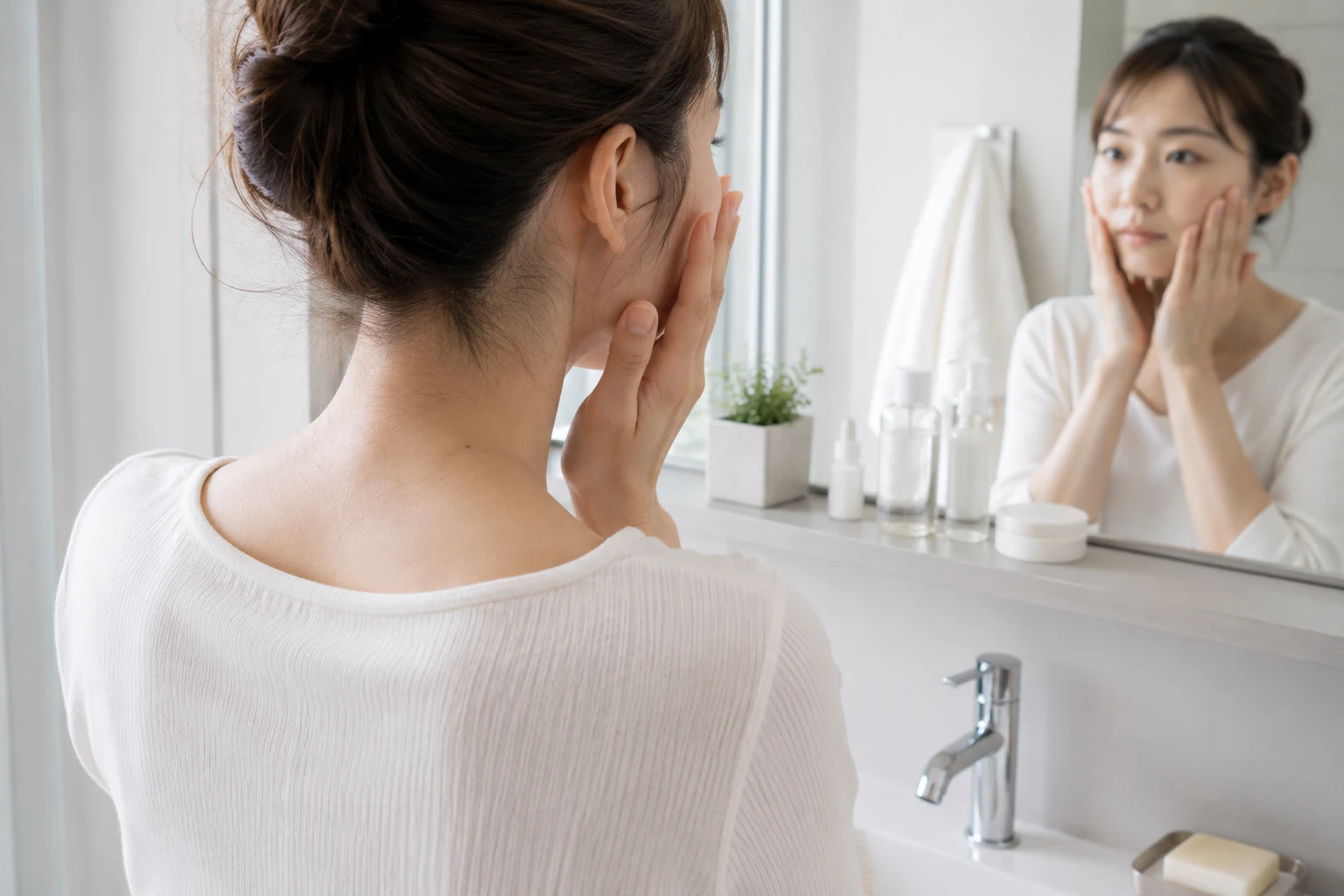洗面台の前で顔だけにスキンケアをしている女性の後ろ姿