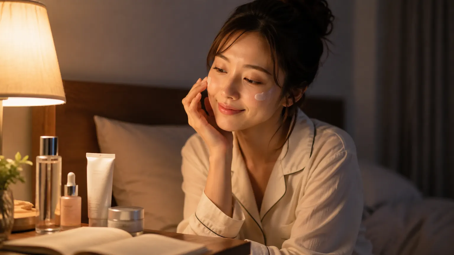 夜の寝室でクリームを塗る様子