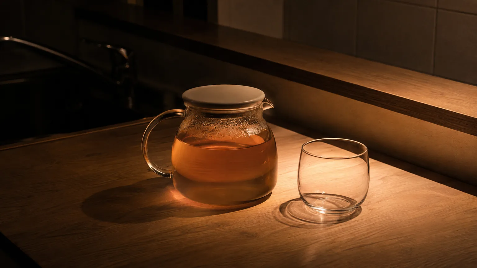夜のキッチンに置かれた麦茶のポットとグラス