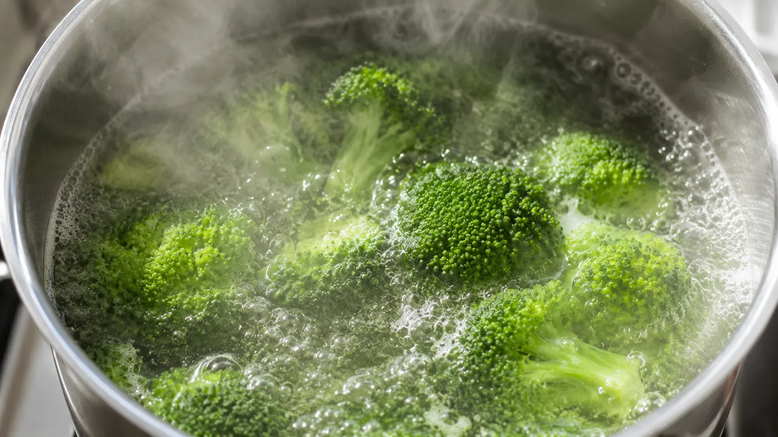 鍋でゆでられるブロッコリーと立ちのぼる湯気
