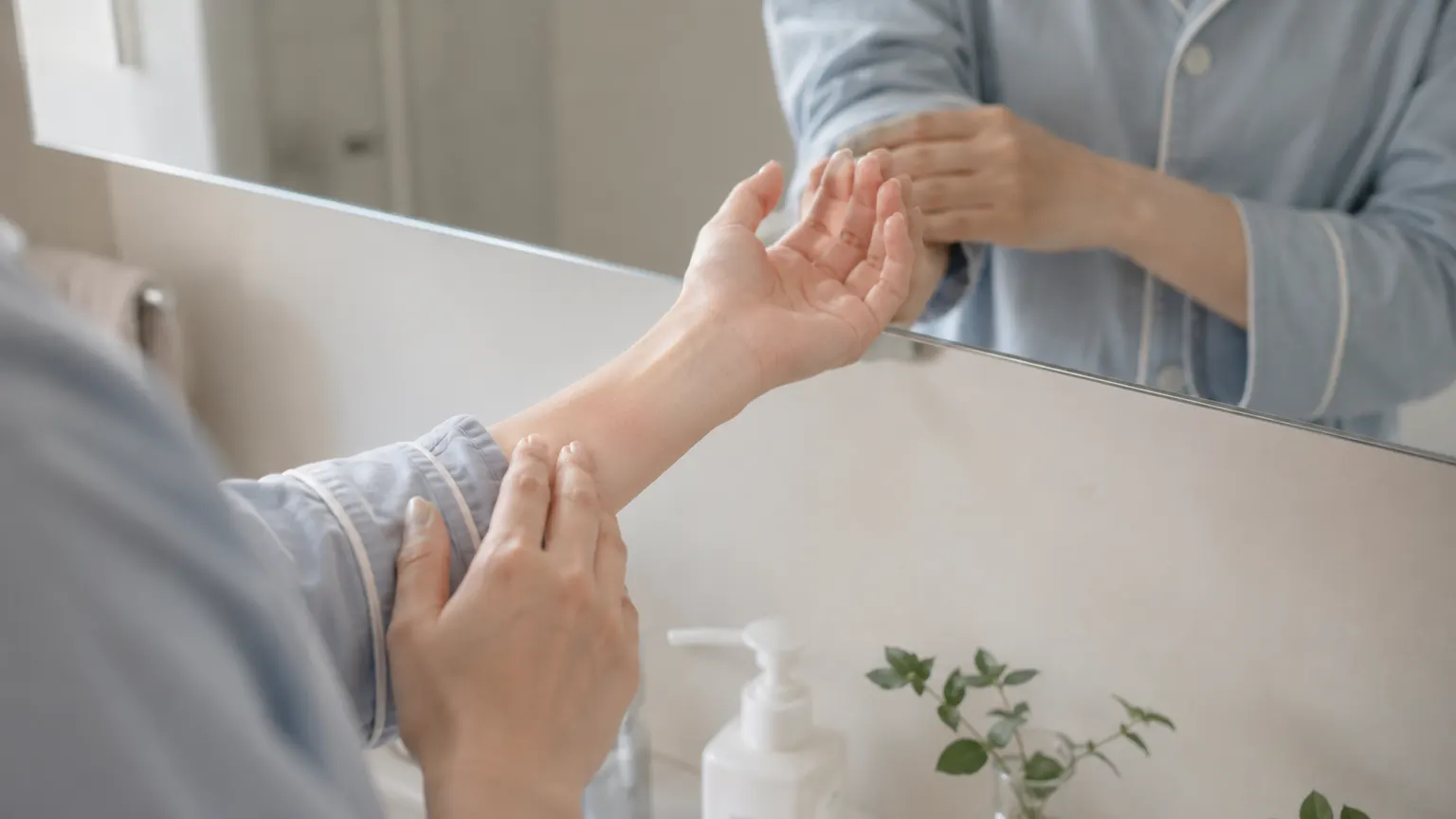 洗面所の鏡の前で腕の状態を確認する手元