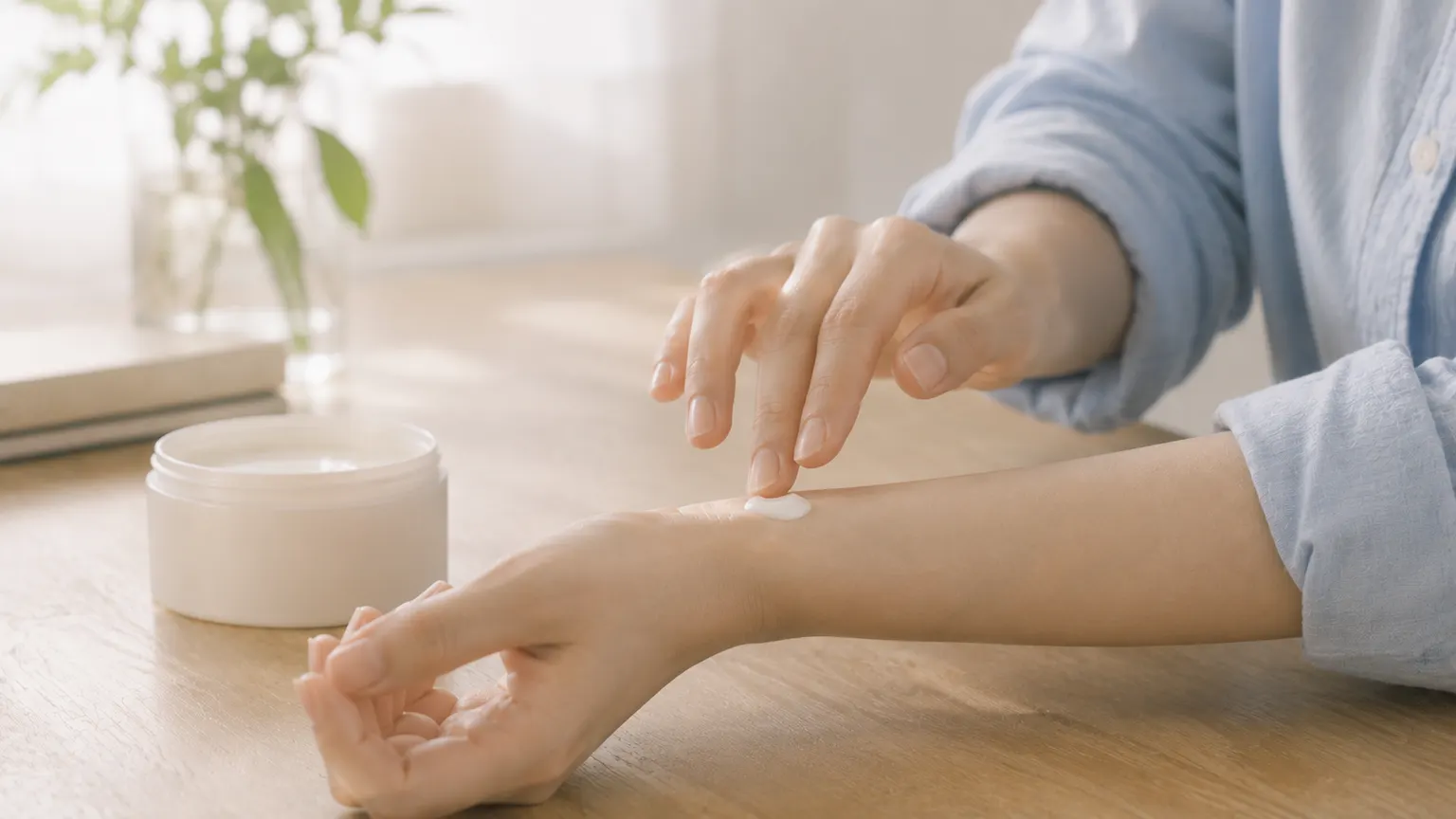 腕にクリームをこすらず置くように塗る手元