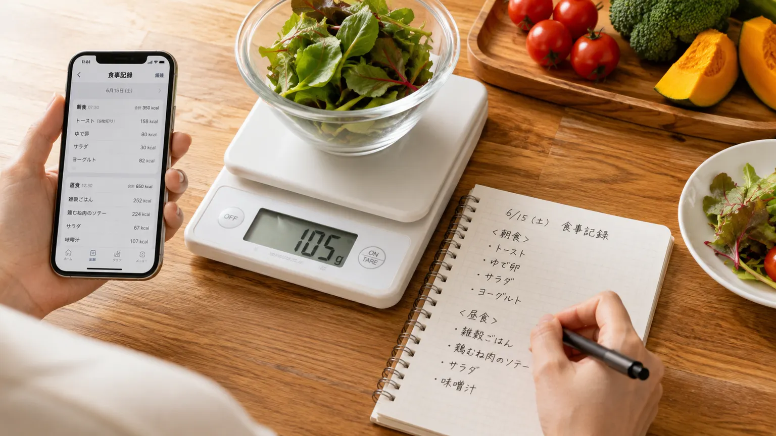 キッチンスケールにのせた野菜を量りながら食事を記録する手元