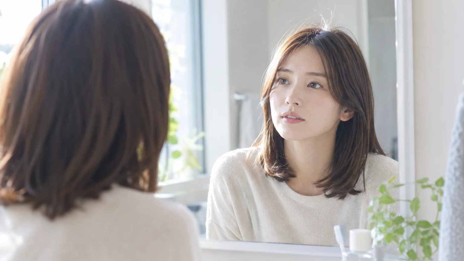洗面所の鏡の前に立つ、肩につく長さの髪の女性の後ろ姿と、鏡に映った姿