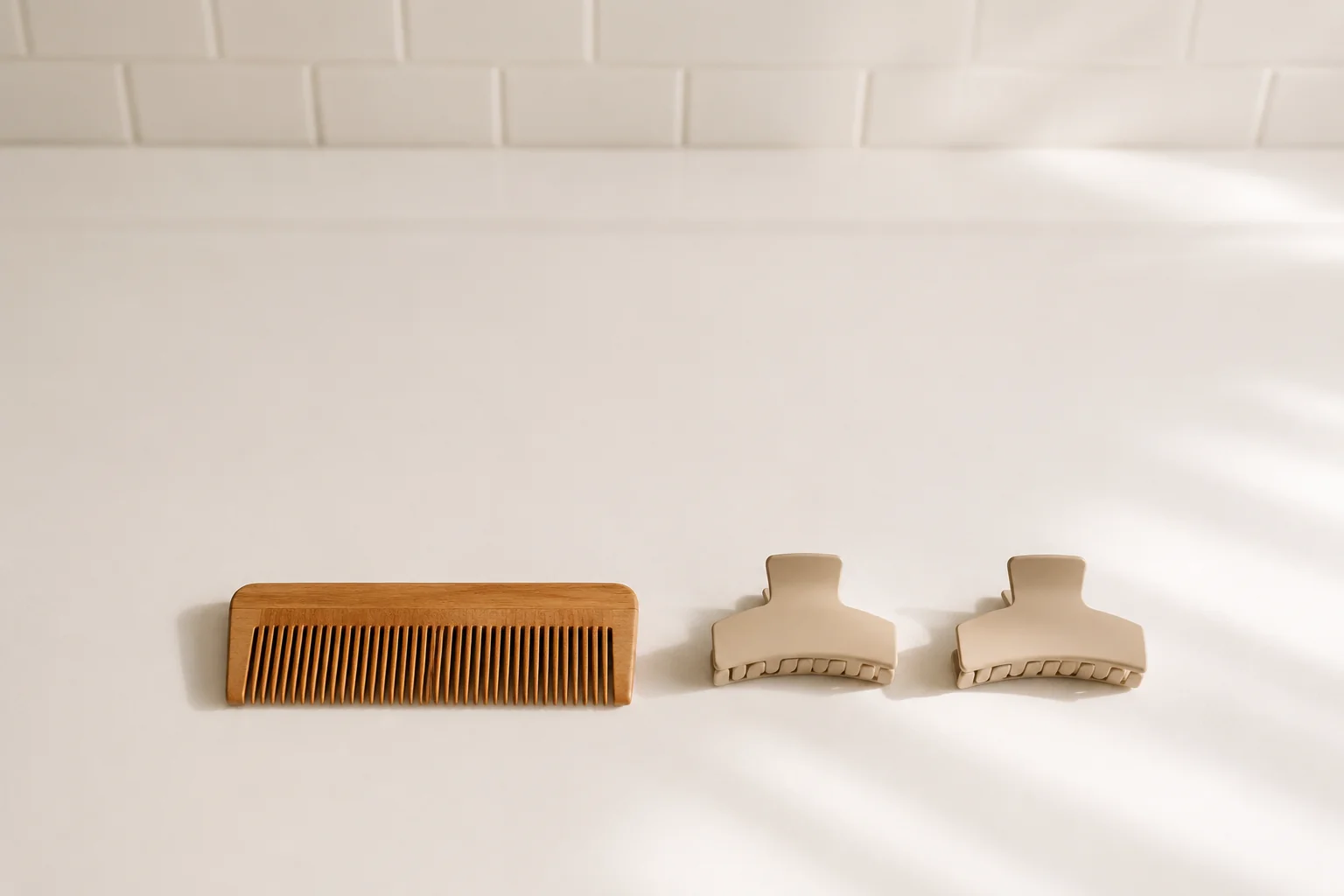 白い洗面台の上に並べた木製のコームと、2つのヘアクリップ