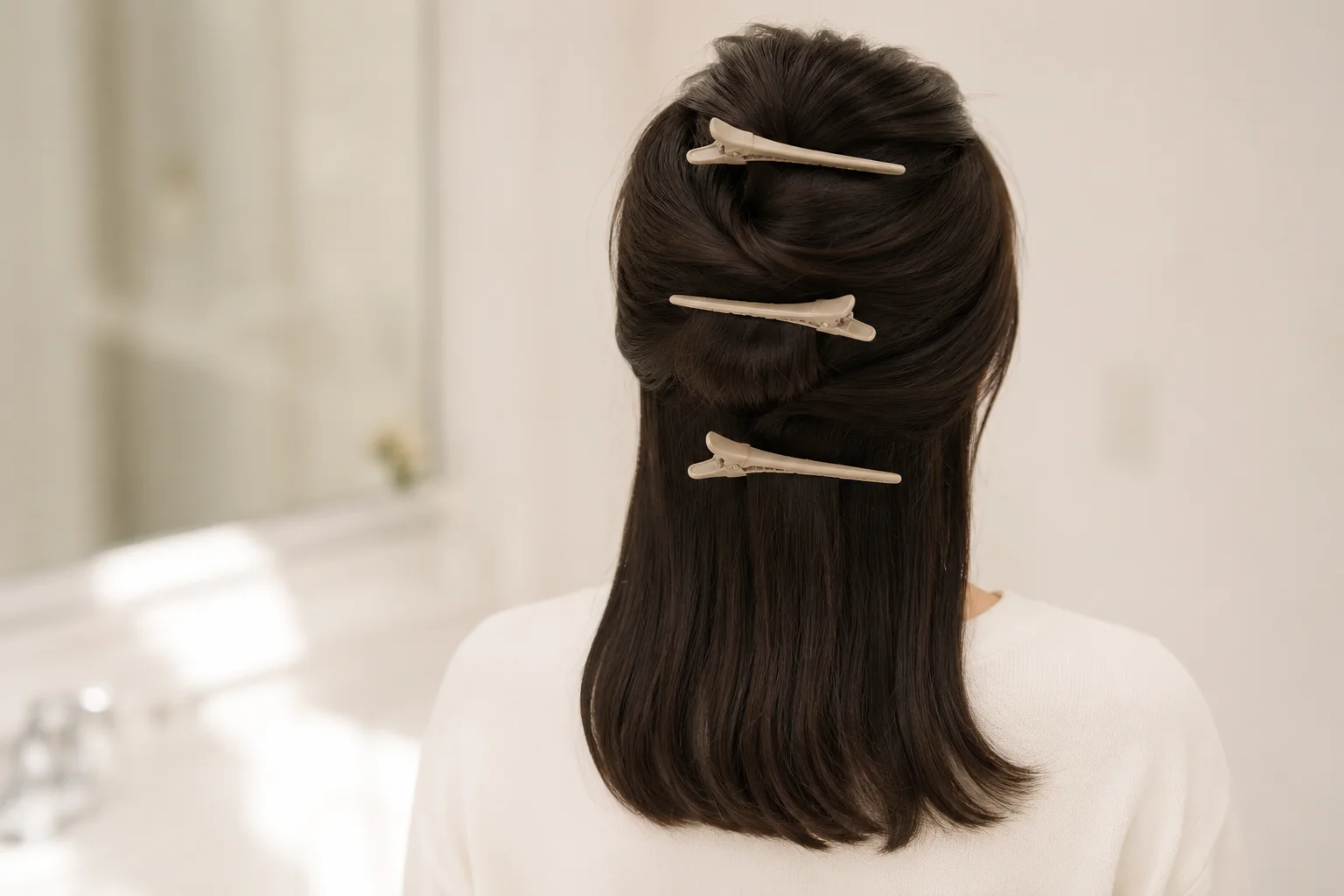 ブロッキングしてヘアクリップで留めた後ろ姿