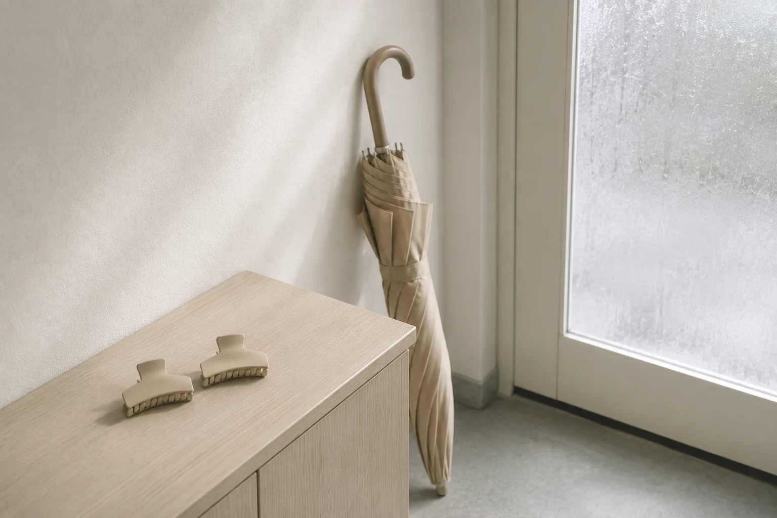 雨の日の玄関で、ドアのそばに立てかけた傘と、靴箱の上に置いた2つのヘアクリップ