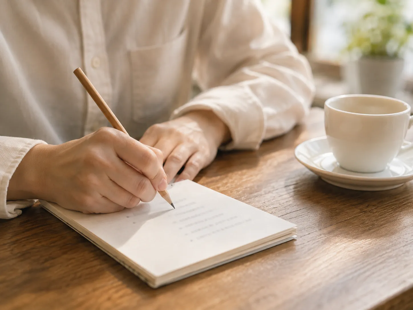 窓際の木のテーブルで、ノートに鉛筆で質問を書き出している手元とコーヒーカップ