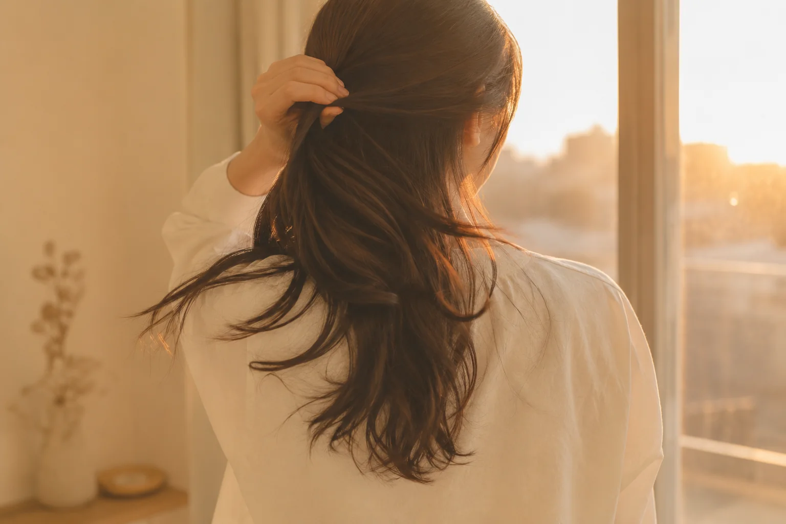 夕方の窓辺でヘアゴムをほどく後ろ姿