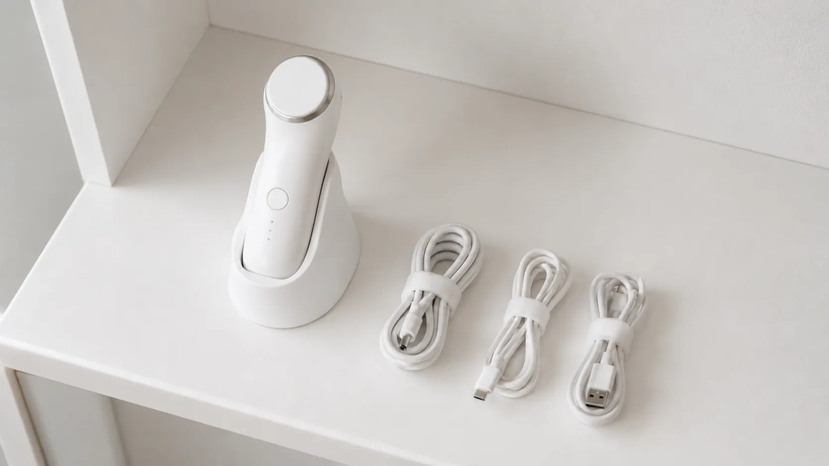 棚の上にまとめられた充電スタンドとケーブル