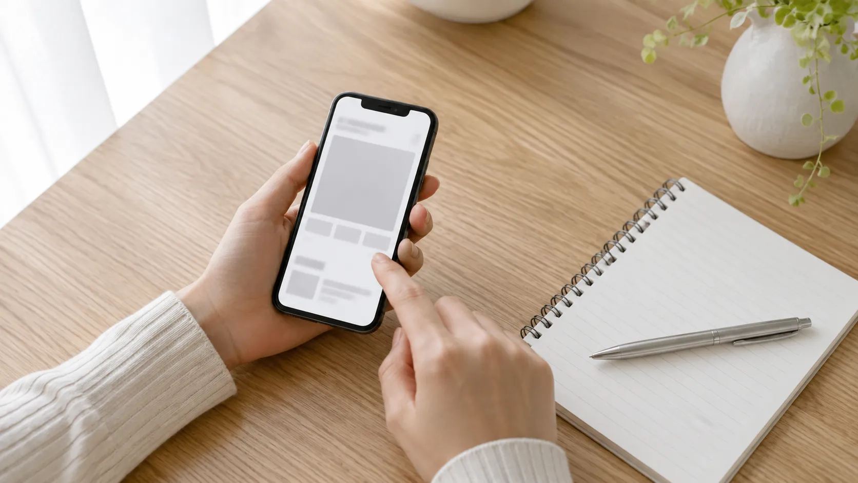スマートフォンで商品ページを読んでいる手元